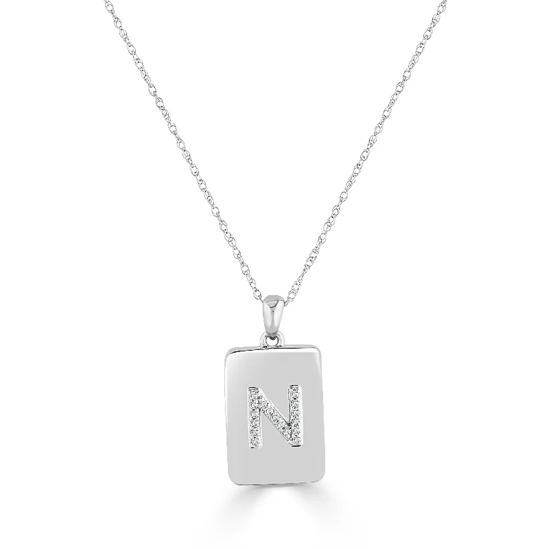 engraved photo pendant necklace -Joelle Diamond Initial N Letter Dog Tag Necklac 14K White Gold 1/25 TDW on a 16-inch Chain