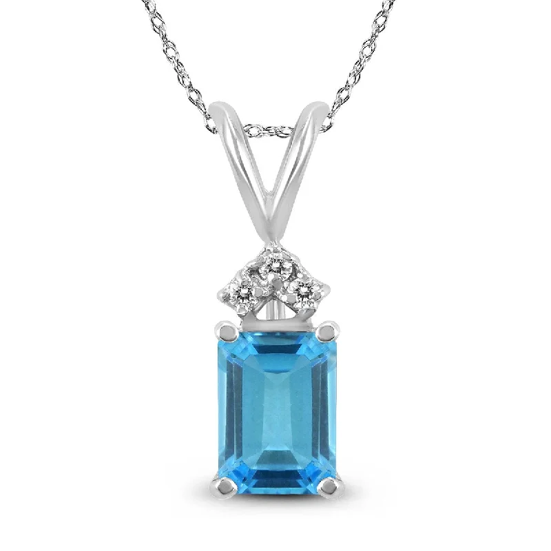 statement gold pendant necklace -Marquee 14K White Gold 6x4MM Emerald Shaped Blue Topaz and Diamond Pendant