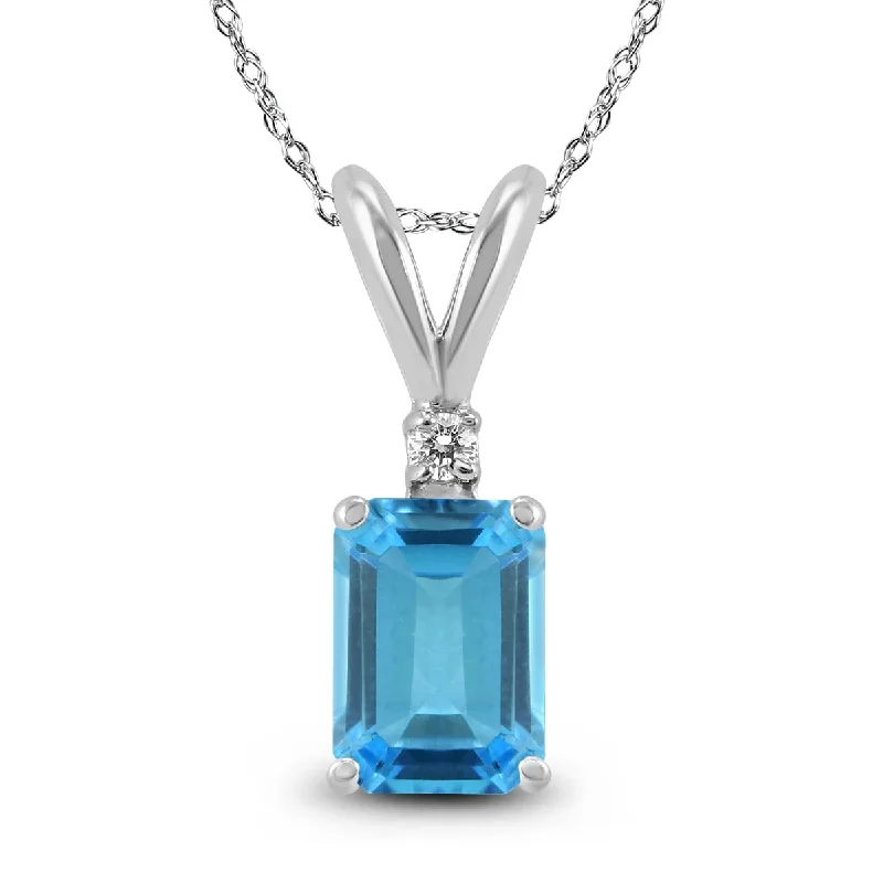 crystal and pearl pendant necklace -Marquee 14K White Gold 6x4MM Emerald Shaped Blue Topaz and Diamond Pendant