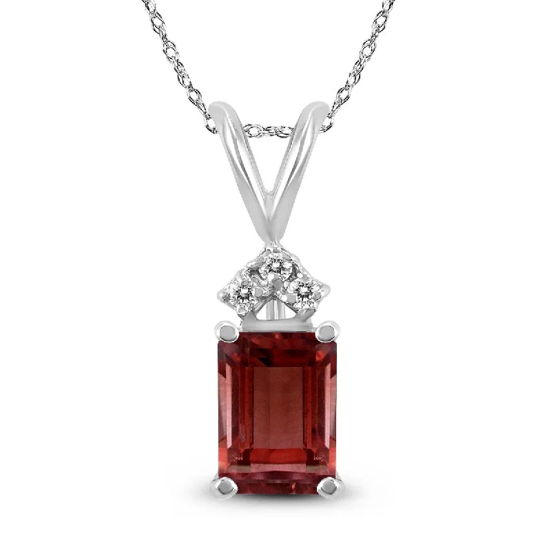 elegant pearl pendant necklace -Marquee 14K White Gold 6x4MM Emerald Shaped Garnet and Diamond Pendant