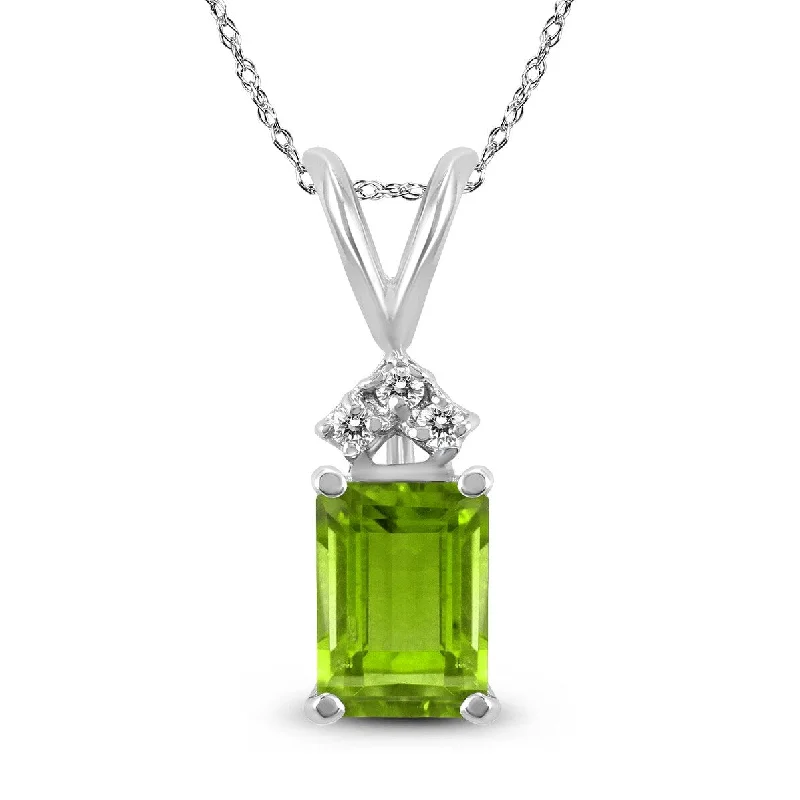 personalized charm pendant necklace -Marquee 14K White Gold 7x5MM Emerald Shaped Peridot and Diamond Pendant