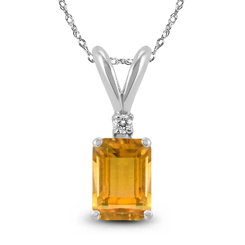 statement gold pendant for women -Marquee 14K White Gold 8x6MM Emerald Shaped Citrine and Diamond Pendant