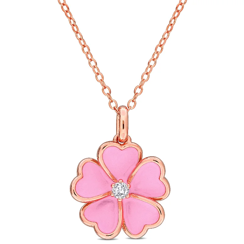 gold coin pendant necklace -Miadora 1/10ct TGW White Topaz Pink Enamel Plated Flower Necklace in Rose Plated Sterling Silver