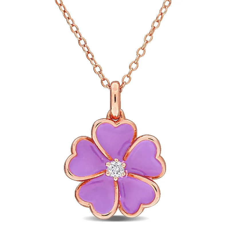 gemstone charm pendant necklace -Miadora 1/10ct TGW White Topaz Purple Enamel Flower Necklace in Rose Plated Sterling Silver-17 in