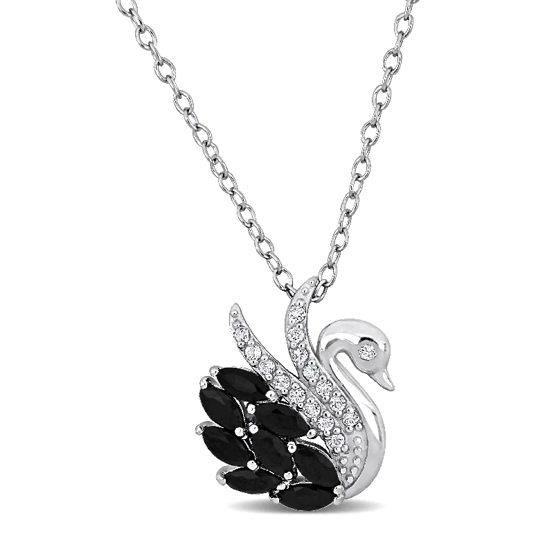 boho crystal pendant necklace -Miadora 1 2/5ct TGW Black Spinel and White Topaz Swan Necklace in Sterling Silver-18+2in