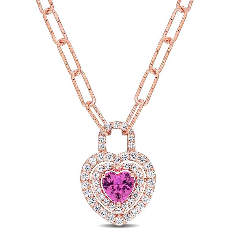 men’s custom necklace pendant -Miadora 1 3/4ct TGW Created Pink Sapphire & Created White Sapphire Heart Lock Necklace in Rose Silver