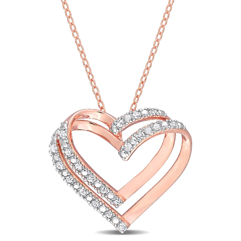 personalized gemstone necklace silver -Miadora 1/5ct TDW Diamond Open Double Heart Necklace in Rose Plated Sterling Silver