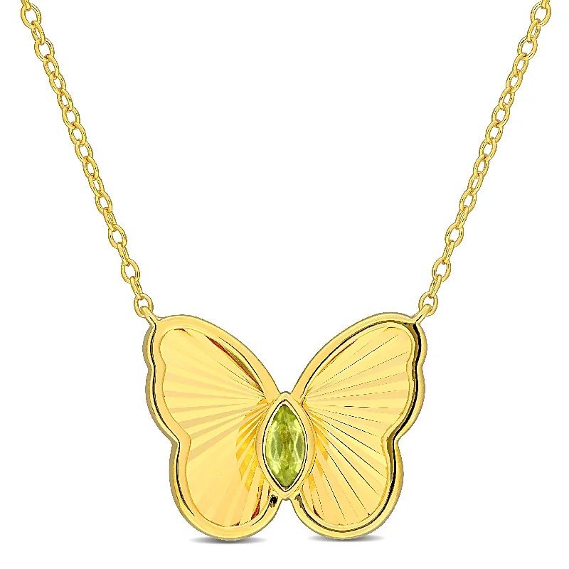 trendy crystal pendant necklace -Miadora 1/6ct TGW Marquise-Cut Peridot Butterfly Necklace in Yellow Plated Sterling Silver-17 in