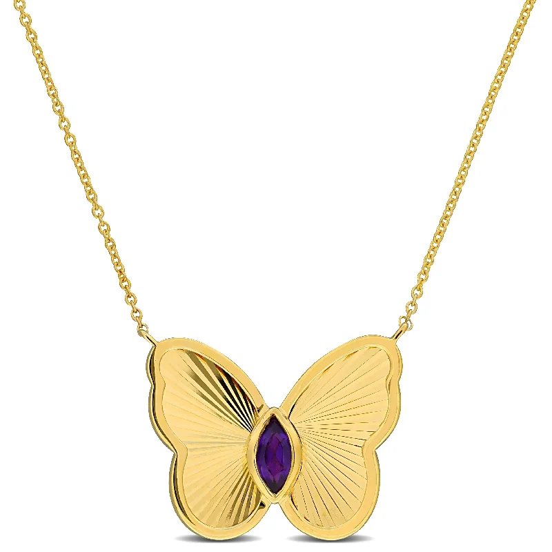 custom gemstone charm necklace -Miadora 1/8ct TGW Amethyst Butterfly Pendant Necklace in 10k Yellow Gold-17 in