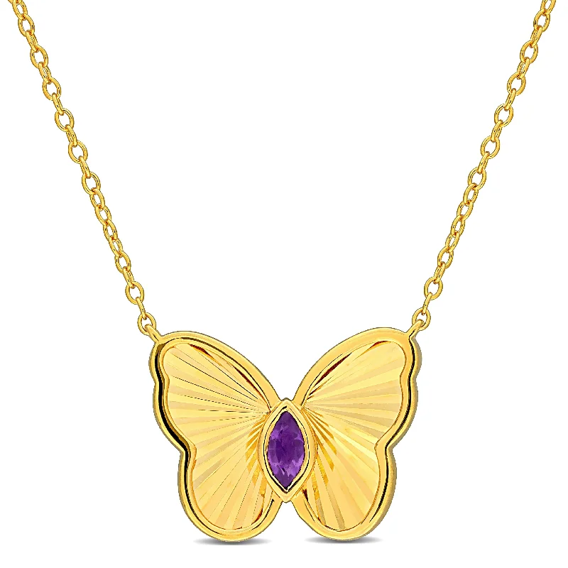 personalized charm pendant necklace -Miadora 1/8ct TGW Marquise-Cut Amethyst Butterfly Necklace with Chain in Yellow Silver-17 in