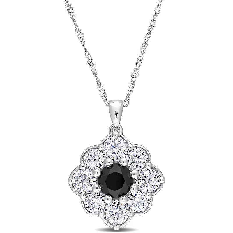 stylish gemstone pendant necklace -Miadora 10k White Gold 1ct TDW Black Diamond & 1 3/5ct TGW Created White Moissanite Floral Necklace