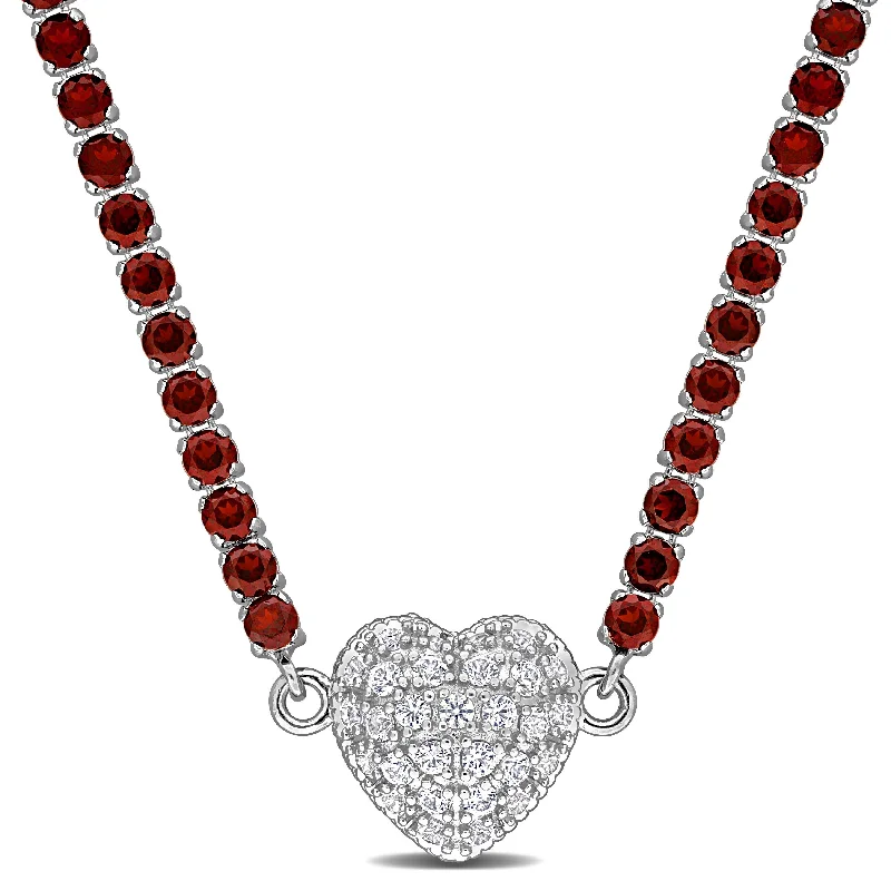 adjustable pendant necklace for women -Miadora 14 1/4ct TGW Garnet and Created White Sapphire Heart Necklace in Sterling Silver-17 in