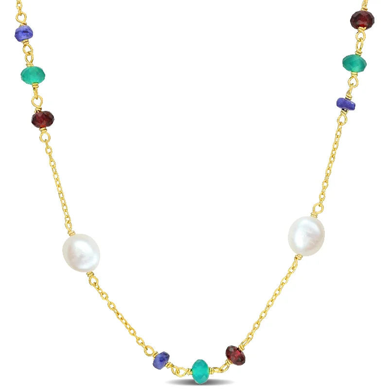 vintage pendant necklace with crystals -Miadora 2 4/5ct TGW Blue Sapphire Garnet Green Onyx Cultured Freshwater Pearl Necklace in Yellow Silver-17+2in