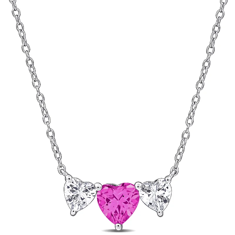 diamond crystal pendant necklace -Miadora 2 5/8 CT TGW Created Pink and White Sapphire Triple-Heart Necklace in Sterling Silver