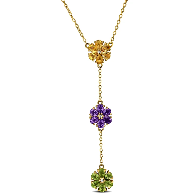 gold initial pendant necklace -Miadora 2 5/8ct TGW Amethyst, Citrine, Peridot White Topaz Flower Lariat Necklace in Yellow Silver