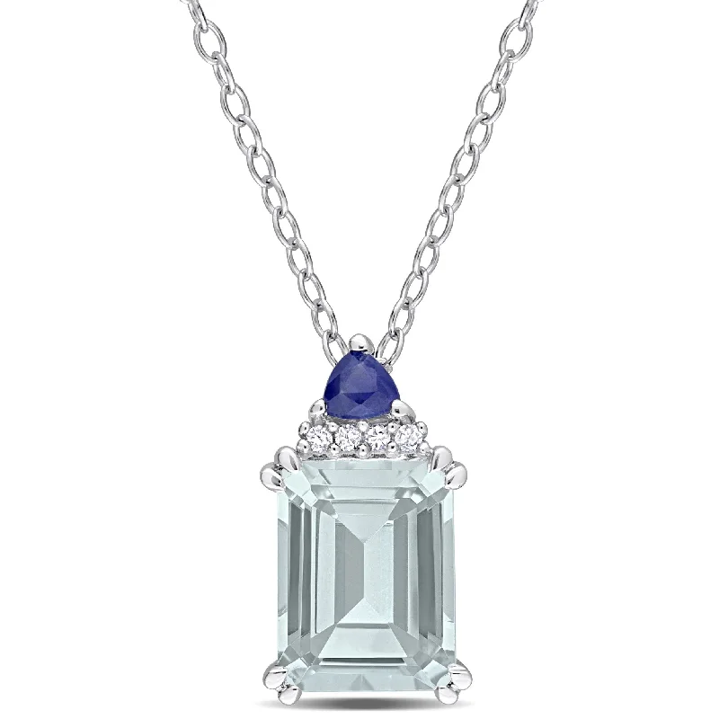 adjustable chain necklace with pendant -Miadora 2ct TGW Aquamarine Blue Sapphire Diamond Accent Necklace Sterling Silver