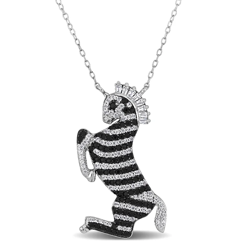 custom gemstone bar necklace -Miadora 3 3/4ct TGW Black Spinel Cubic Zirconia White Topaz Zebra Necklace in Sterling Silver-18+2 in