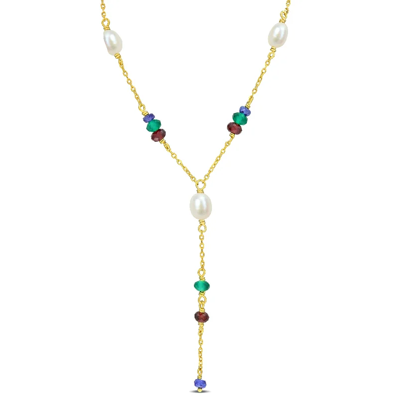 gold choker with pendant -Miadora 3 3/5ct TGW Blue Sapphire Garnet Green Onyx Cultured Freshwater Pearl Necklace in Yellow Silver-17+2in