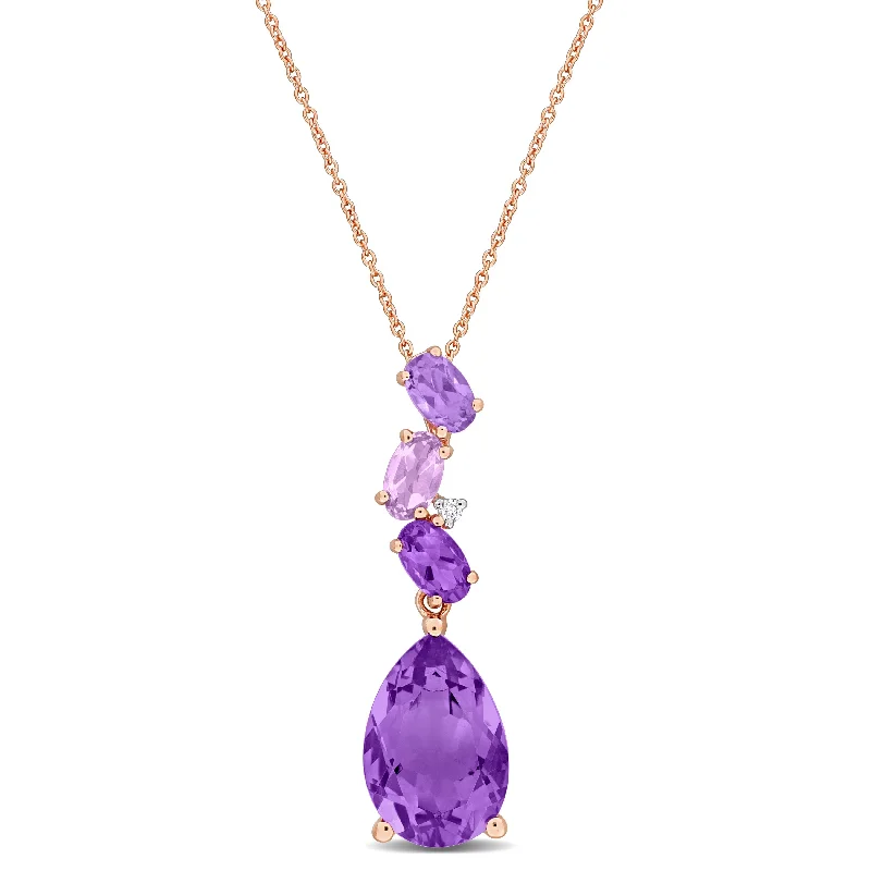 moon pendant necklace silver -Miadora 3 5/8ct TGW Oval & Pear Shape Amethyst Rose de France Diamond Accent Necklace 10k Rose Gold-17in