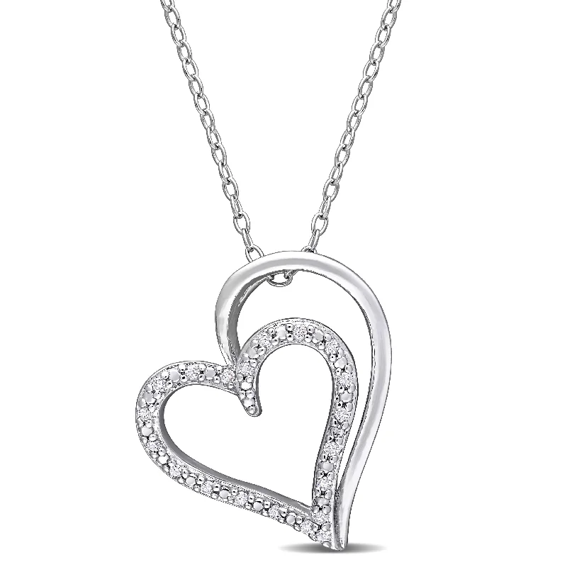 silver nameplate pendant necklace -Miadora Sterling Silver 1/10ct TDW Diamond Double Heart Necklace