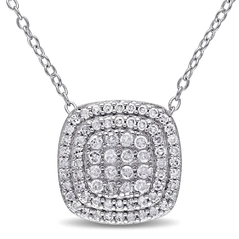 elegant chain pendant necklace -Miadora Sterling Silver 1/2ct TDW Diamond Double-Halo Square Cluster Necklace - White