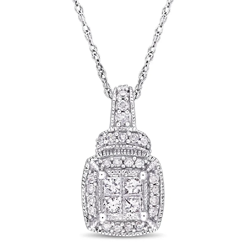 trendy gold pendant necklace -Miadora Sterling Silver 1/3ct TDW Diamond Quad Halo Drop Necklace