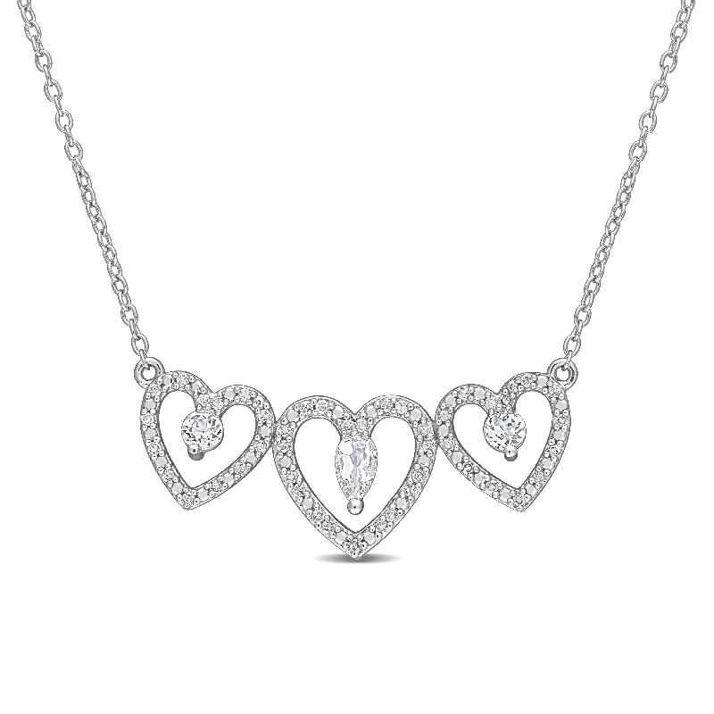 crystal heart necklace silver -Miadora White Topaz and 1/5ct TDW Diamond Accent Triple Heart Station Necklace in Sterling Silver