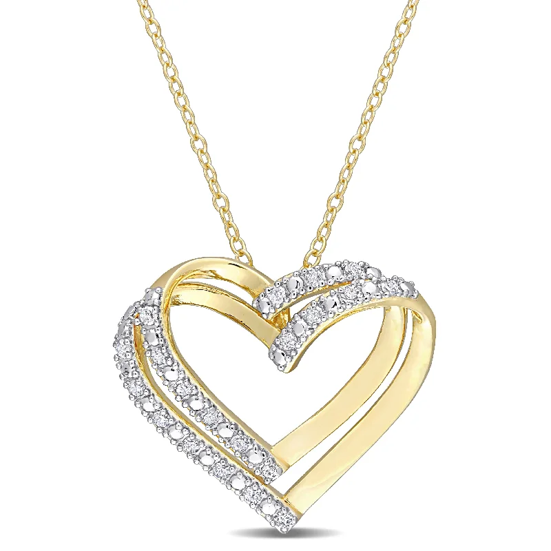 personalized heart pendant necklace -Miadora Yellow Plated Sterling Silver 1/5ct TDW Diamond Open Double Heart Necklace