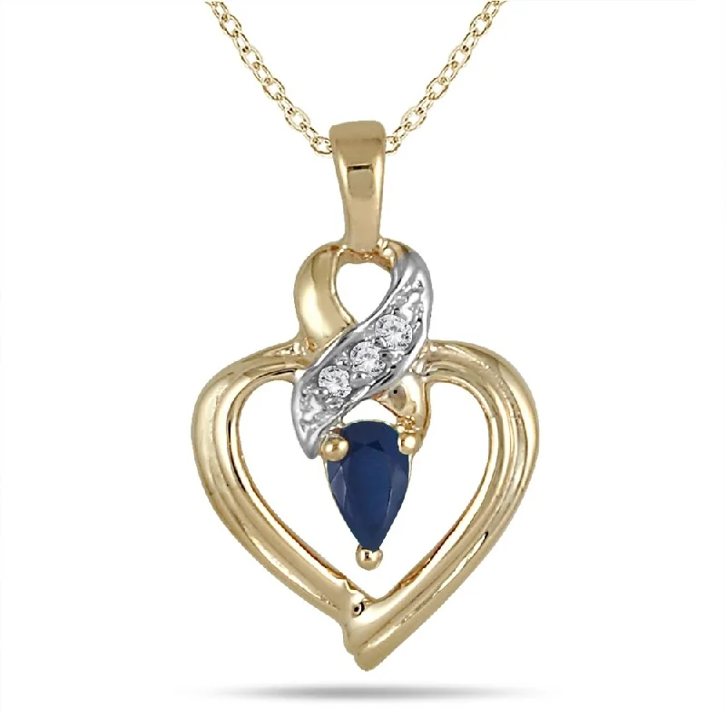 moon charm necklace silver -Pear Shaped Sapphire and Diamond Ribbon Heart Pendant in 10k Yellow Gold