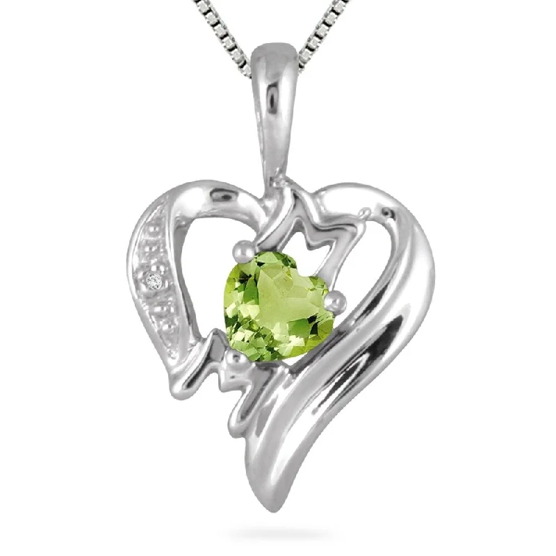 unique stone pendant necklace -Peridot and Diamond Heart MOM Pendant in 10K White Gold