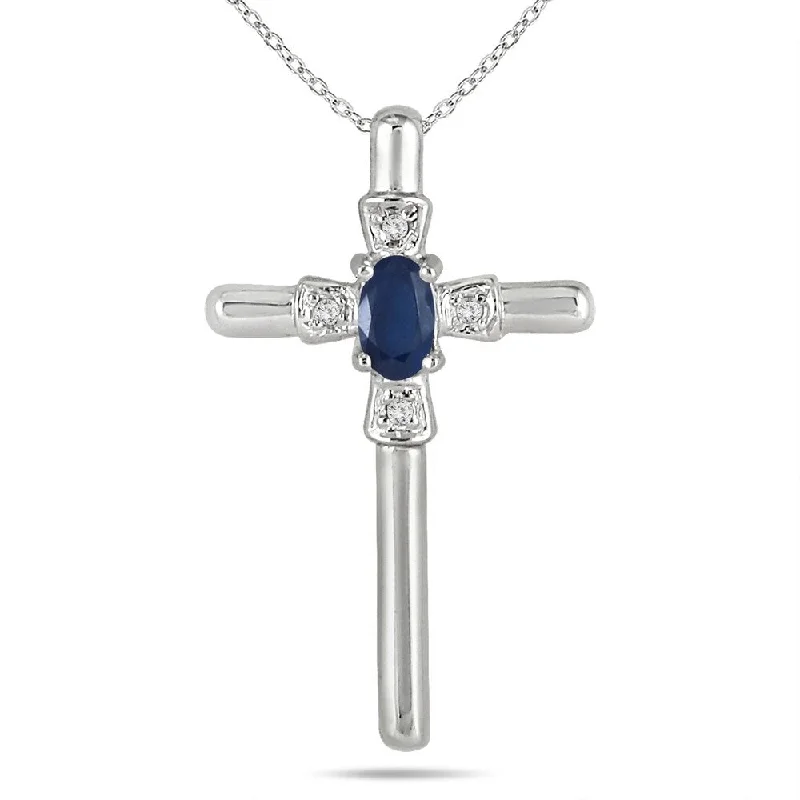 simple diamond bar pendant -Sapphire and Diamond Cross Pendant 10K White Gold