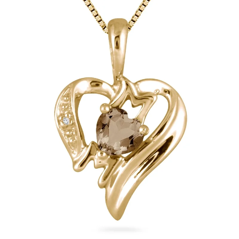 women’s custom name necklace -Smokey Quartz and Diamond Heart MOM Pendant in 10K Yellow Gold