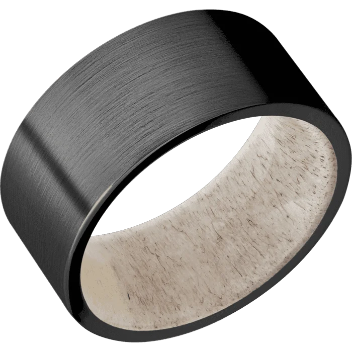 custom gold engagement rings for men-10mm wide Flat Black Zirconium Ring with Satin Finish / Antler Sleeve