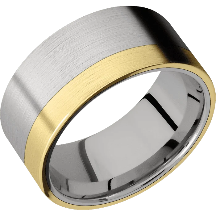 classic wedding bands with diamonds for men-10mm wide Flat Titanium Ring with Satin Finish / One 3mm Off Center Edge 14k Yellow Gold Inlay with Satin Finish