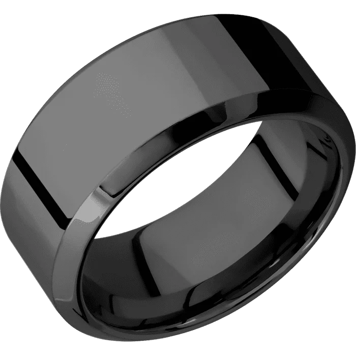 wedding rings for men with custom gemstones-10mm wide High Bevel Black Titanium Ring with Polish Finish