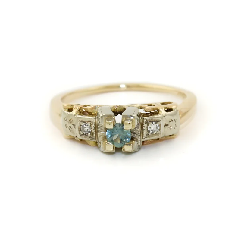 custom vintage rings for men-14k Two Tone x Antique Blue Topaz & Diamond Art-Deco Ring