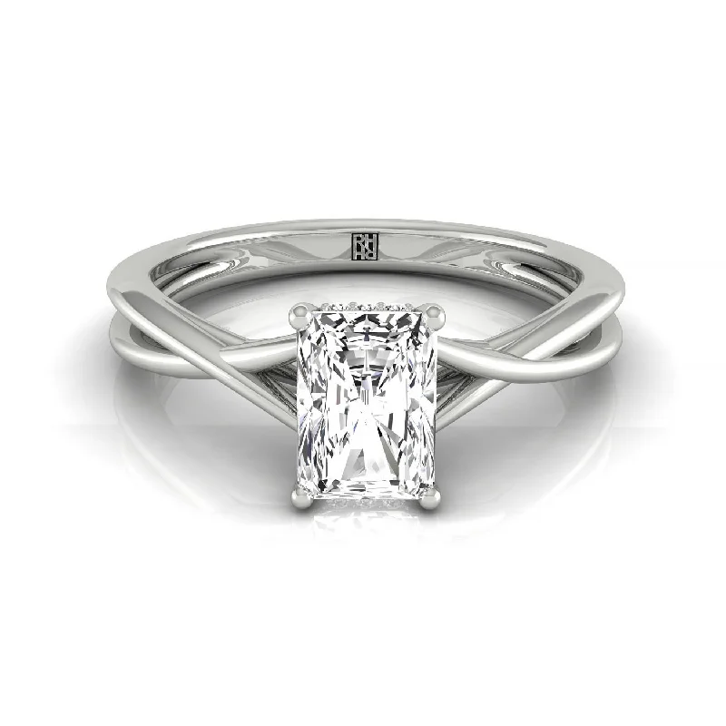 men’s rings with custom engravings and diamonds-18k White Gold Radiant Twisted Shank Double Halo Solitaire Engagment Ring