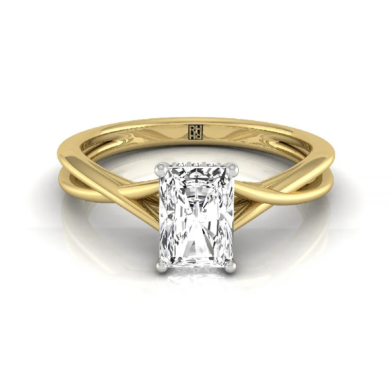 men’s rings with gemstones and diamonds for wedding-18k Yellow Gold Radiant Twisted Shank Double Hidden Halo Solitaire Engagemen Ring