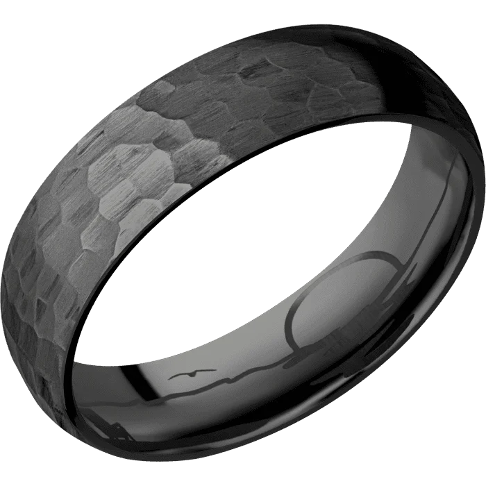 custom rings with engraving for couples-6mm wide Domed Black Titanium Ring with Hammer Finish / None Interior Pattern