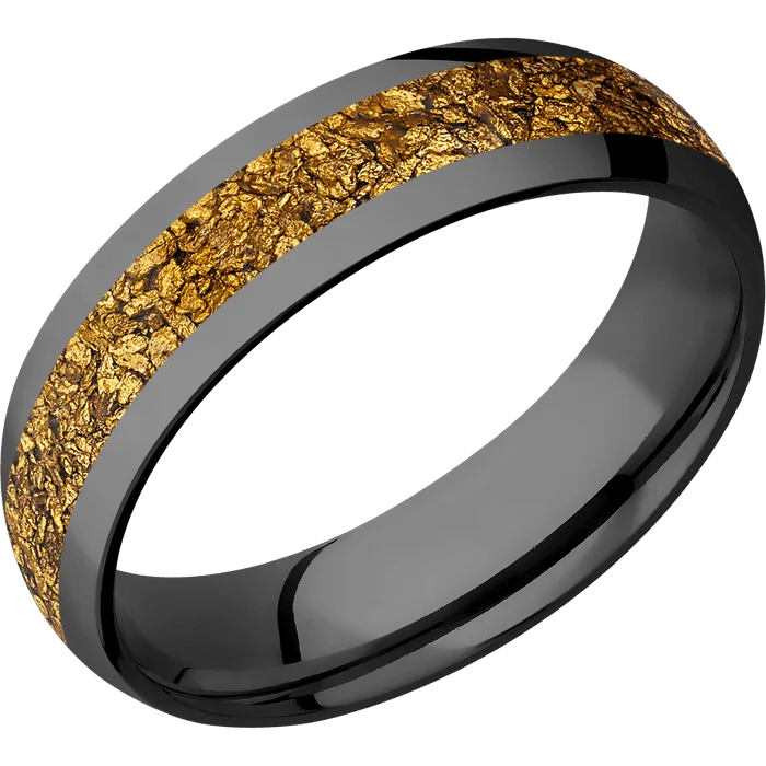 women’s rings with emeralds and diamonds-6mm wide Domed Black Zirconium Ring with Polish Finish / One 3mm Centered 24k Raw Gold Nugget Inlay