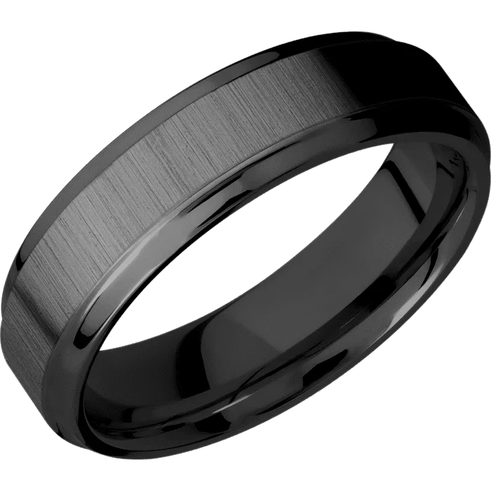 personalized wedding rings with sapphires-6mm wide Stepped Bevel Black Titanium Ring with Cross Satin Black Finish