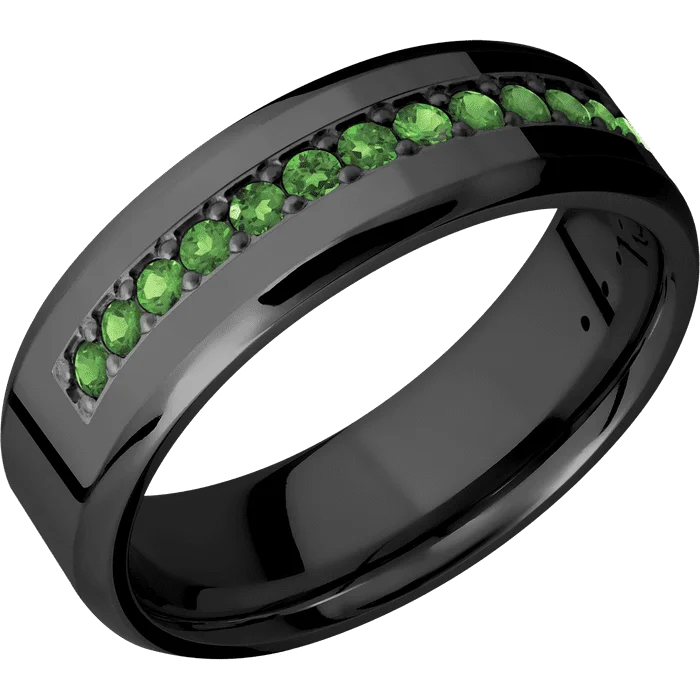 women’s rings with birthstones and diamonds-7mm wide Beveled Black Titanium Ring with Polish Finish / Half Eternity Round .03 carat Green Diamond Bead-Set Gemstones