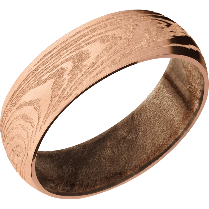 custom platinum rings for men with gemstones-7mm wide Domed 14k Rose Gold Ring with Satin Finish / Woodgrain Design / Maple Burl Sleeve