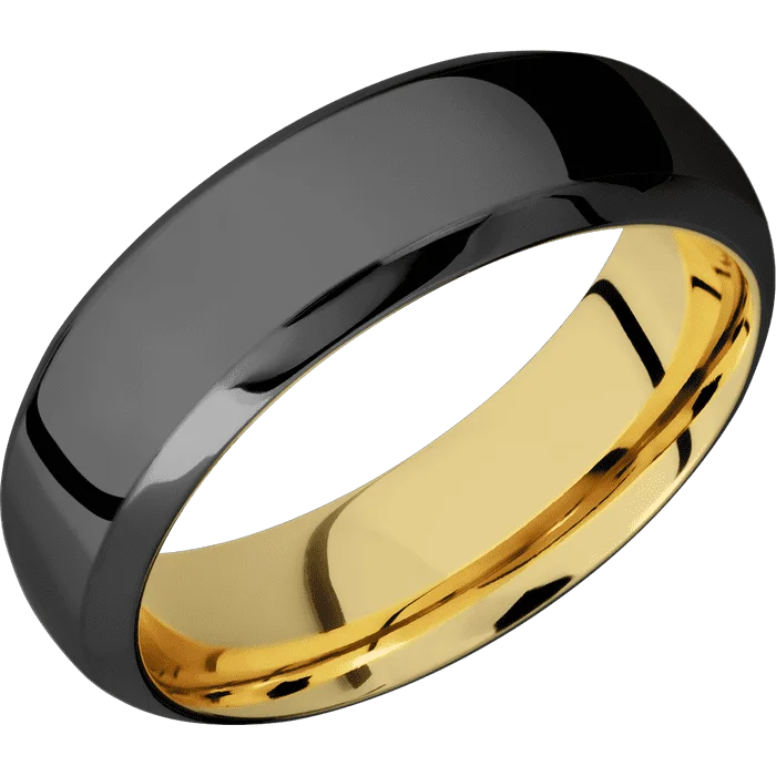 men’s rings with custom engravings and diamonds-7mm wide Domed Bevel Black Titanium Ring with Polish Finish / 10k Yellow Gold Sleeve