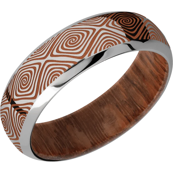 silver rings for men with emeralds-7mm wide Domed Bevel Titanium Ring with Polish Finish / Labyrinth Design and Copper Suede Cerakote Accents / Leopard Wood Sleeve