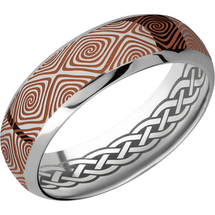 custom engagement rings with sapphires and diamonds-7mm wide Domed Bevel Titanium Ring with Polish Finish / Labyrinth Design and Copper Suede Cerakote Accents / None Interior Pattern