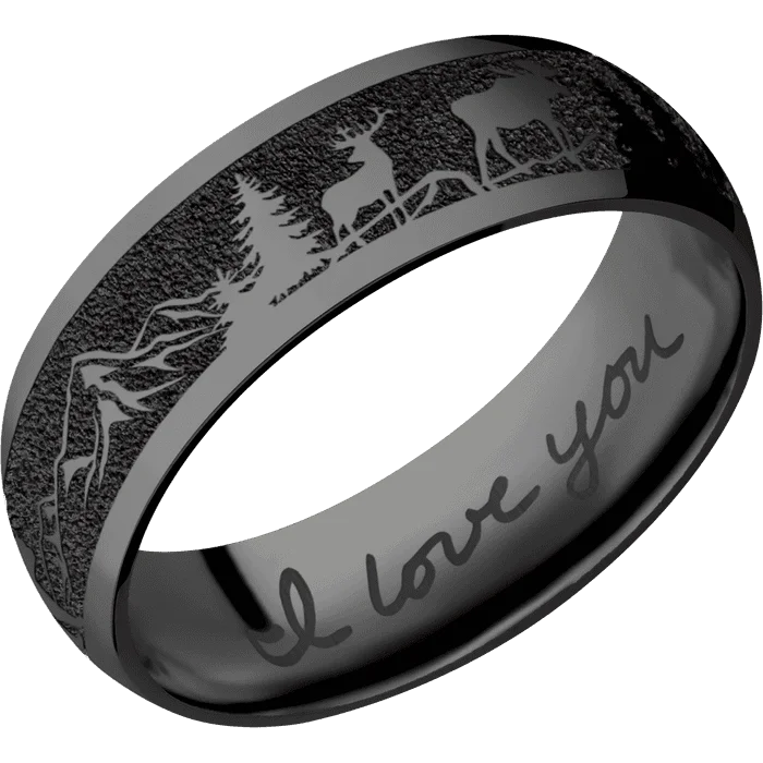 silver wedding rings for women with diamonds-7mm wide Domed Black Titanium Ring with Polish Finish / Bear Moose Deer Mountain Design / None Interior Pattern