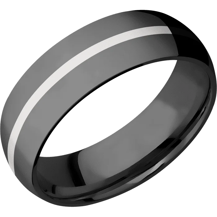 custom wedding rings with multi-stone designs-7mm wide Domed Black Titanium Ring with Polish Finish / One 1mm Centered Platinum Inlay with Polish Finish