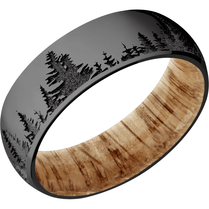 custom gold rings for men with engravings-7mm wide Domed Black Titanium Ring with Polish Finish / Trees Design / Natural Oak Sleeve