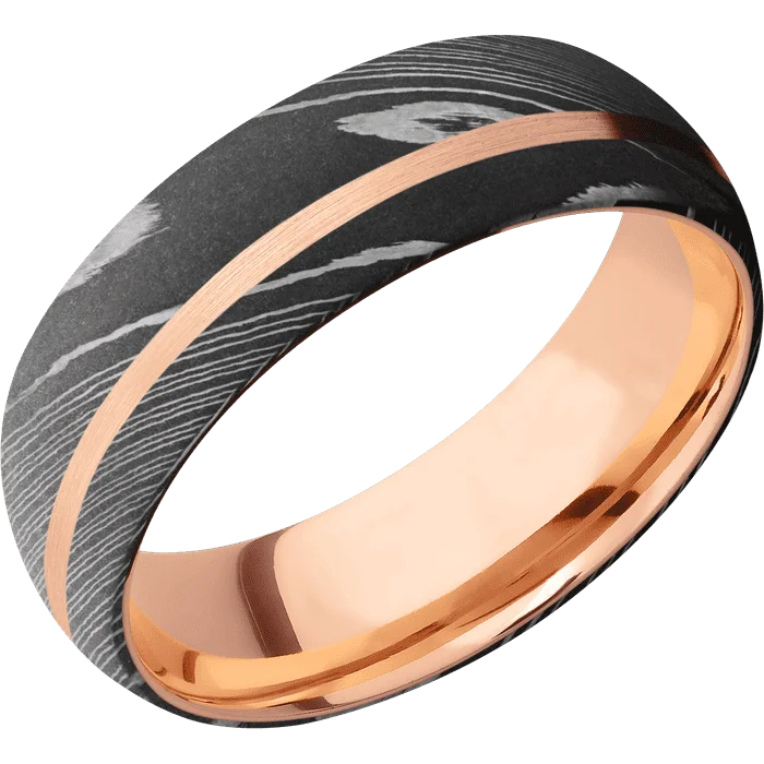 classic wedding bands with rubies for women-7mm wide Domed Damascus Steel Ring with Acid Damascus Finish / One 1mm Off Center 14k Rose Gold Inlay with Satin Finish / 14k Rose Gold Sleeve